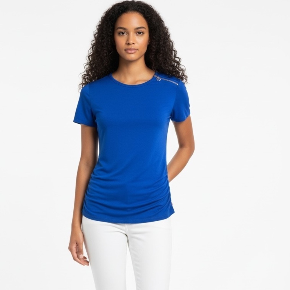 Michael Michael Kors Ruched Side Logo-Zip Tee – Royal Blue – Size M